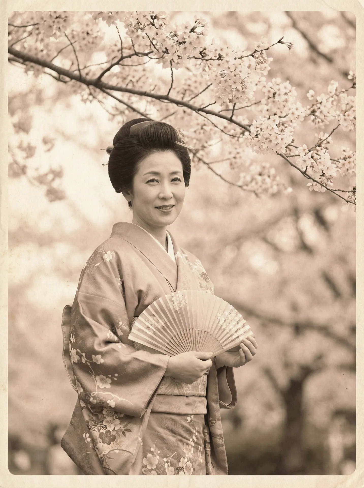 一位持扇的优雅 里番动漫 在樱花树下的复古写真
